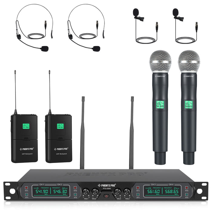 Phenyx Pro Best Budget Wireless PTU-5000-2H2B 4-Channel UHF Karaoke Wireless Microphone System, with 2x Handheld Microphone, 2x Bodypack 2x Headset Mic, 2x Lapel Mics, Fixed Frequency, 260ft Range, Ideal for Singing, Church, Karaoke