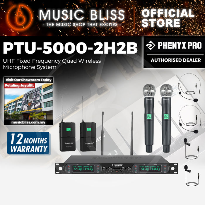 Phenyx Pro Best Budget Wireless PTU-5000-2H2B 4-Channel UHF Karaoke Wireless Microphone System, with 2x Handheld Microphone, 2x Bodypack 2x Headset Mic, 2x Lapel Mics, Fixed Frequency, 260ft Range, Ideal for Singing, Church, Karaoke