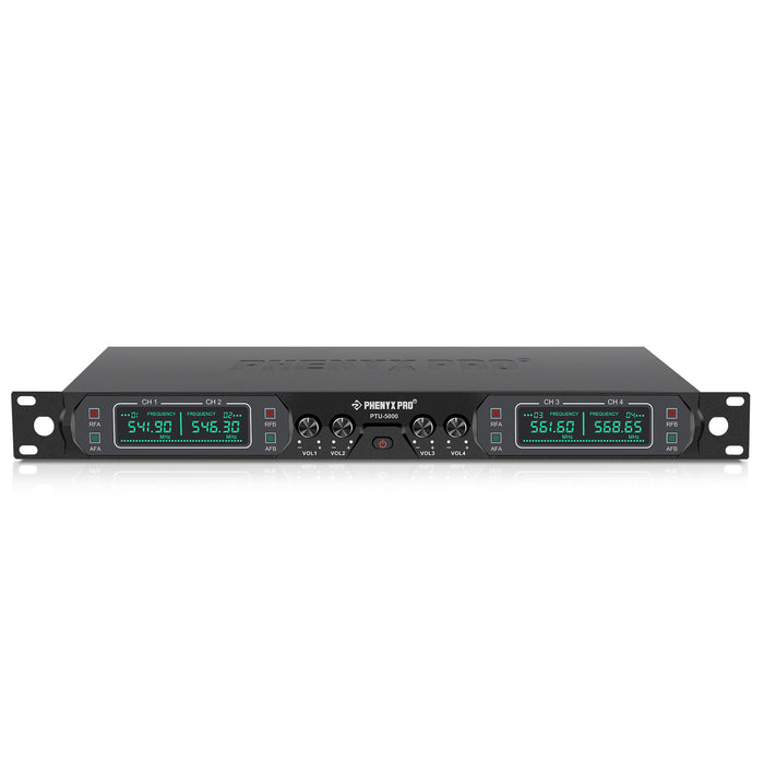 Phenyx Pro Best Budget Wireless PTU-5000-4H 4-Channel UHF Wireless Microphone System, with 4x Handheld Dynamic Microphones, Fixed Frequency, 260ft Range, Ideal for Church,Karaoke,Weddings, Events
