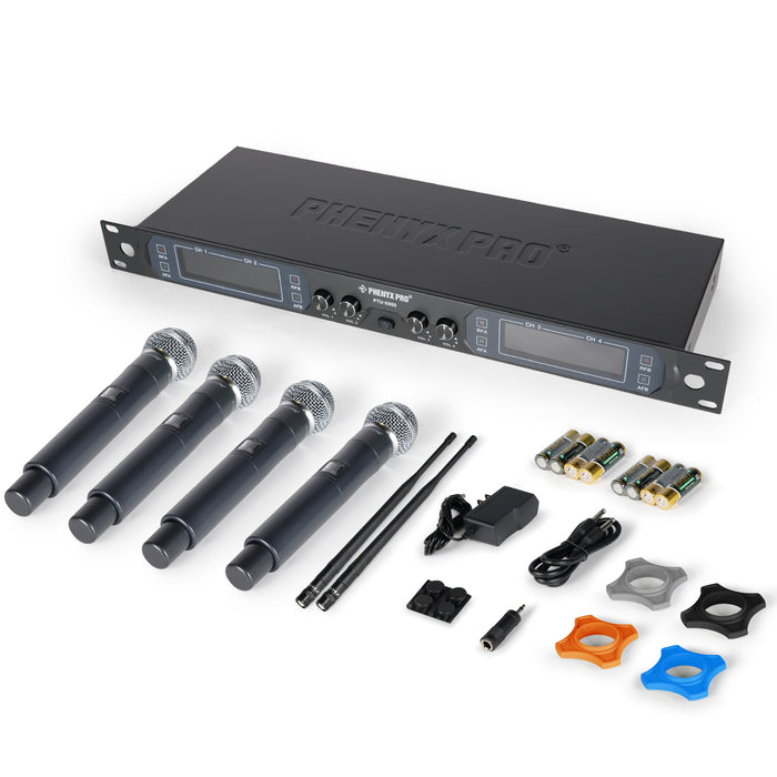 Phenyx Pro Best Budget Wireless PTU-5000-4H 4-Channel UHF Wireless Microphone System, with 4x Handheld Dynamic Microphones, Fixed Frequency, 260ft Range, Ideal for Church,Karaoke,Weddings, Events