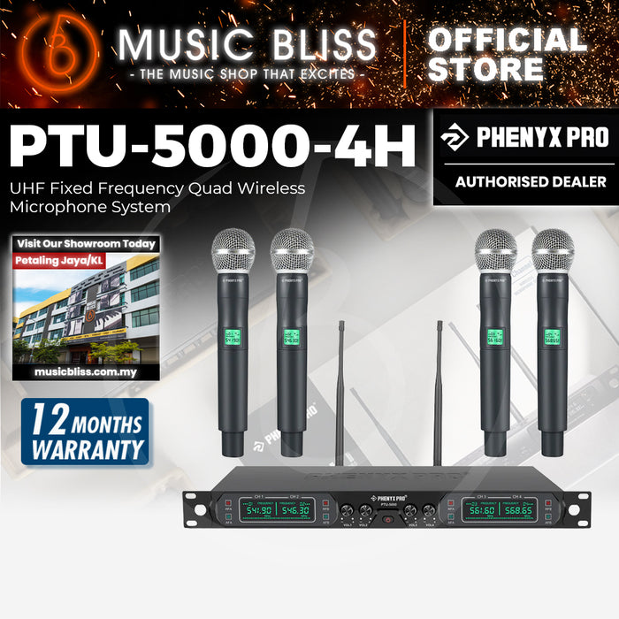 Phenyx Pro Best Budget Wireless PTU-5000-4H 4-Channel UHF Wireless Microphone System, with 4x Handheld Dynamic Microphones, Fixed Frequency, 260ft Range, Ideal for Church,Karaoke,Weddings, Events