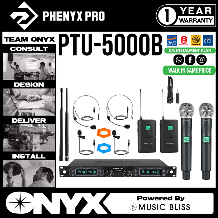 Phenyx Pro Best Budget Wireless PTU-5000 4-Channel UHF Wireless Microphone System, Fixed Frequency, 260ft Range, Ideal for Church, Karaoke, Weddings, Events [4H/2H2B] - Music Bliss Malaysia