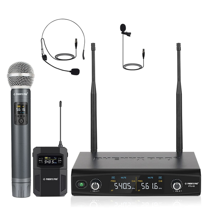 Phenyx Pro Best Budget Wireless PTU-52-1H1B Dual Wireless Microphone System - 30 Adjustable Frequency