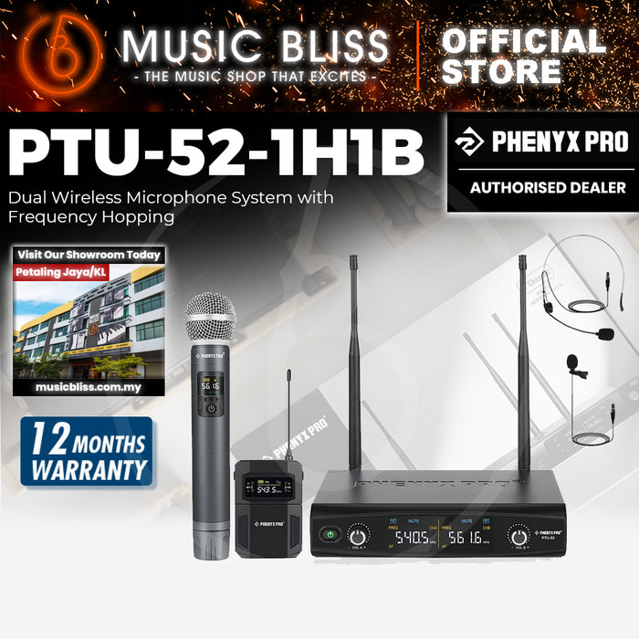 Phenyx Pro Best Budget Wireless PTU-52-1H1B Dual Wireless Microphone System - 30 Adjustable Frequency