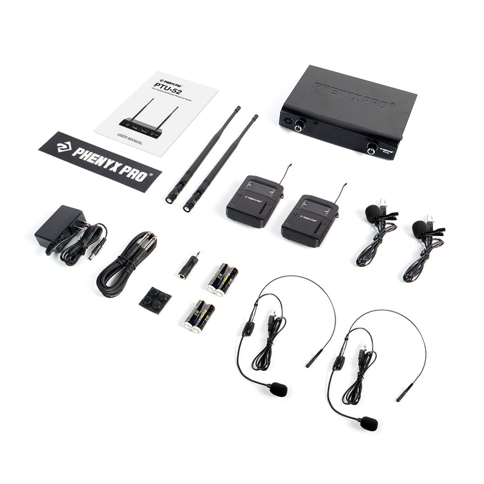 Phenyx Pro PTU-52-2B Wireless Microphone System Dual Wireless Mic Set with Bodypacks Headsets/Lapel Microphones