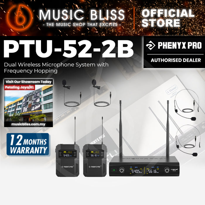 Phenyx Pro PTU-52-2B Wireless Microphone System Dual Wireless Mic Set with Bodypacks Headsets/Lapel Microphones