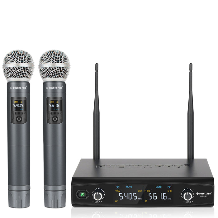 Phenyx Pro Best Budget Wireless PTU-52-2H Handheld UHF Wireless Microphone System, 200ft Range, Ideal for Singing, Karaoke, Church, DJ