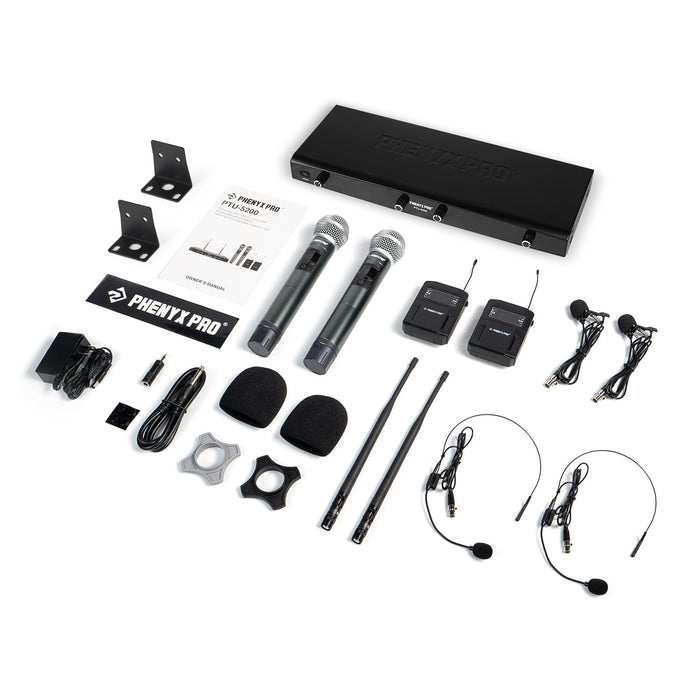 Phenyx Pro Best Budget Wireless PTU-5200-2H2B 4-Channel Wireless Mic Set with Handheld/Bodypack/Headset/Lapel Mics, Cordless Microphone for Singing, Karaoke, Church