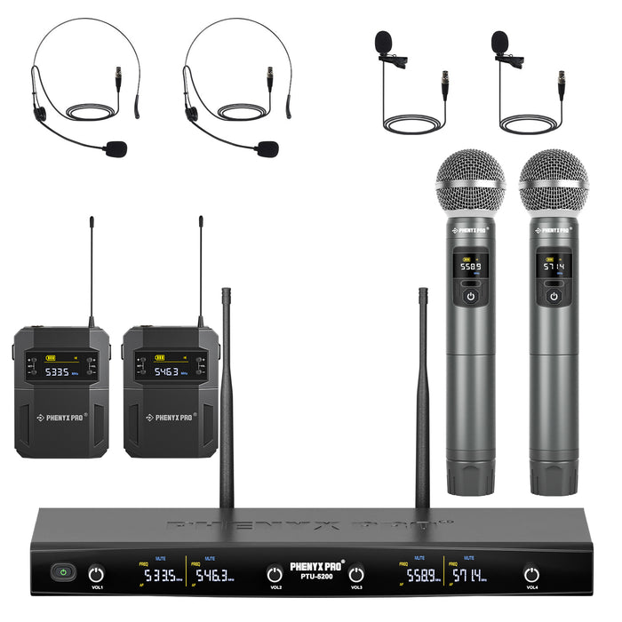 Phenyx Pro Best Budget Wireless PTU-5200-2H2B 4-Channel Wireless Mic Set with Handheld/Bodypack/Headset/Lapel Mics, Cordless Microphone for Singing, Karaoke, Church