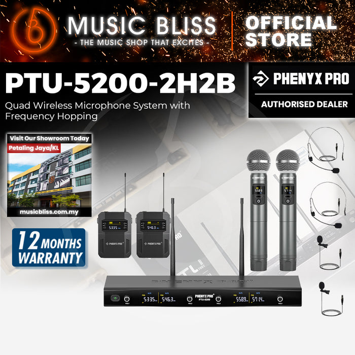 Phenyx Pro Best Budget Wireless PTU-5200-2H2B 4-Channel Wireless Mic Set with Handheld/Bodypack/Headset/Lapel Mics, Cordless Microphone for Singing, Karaoke, Church