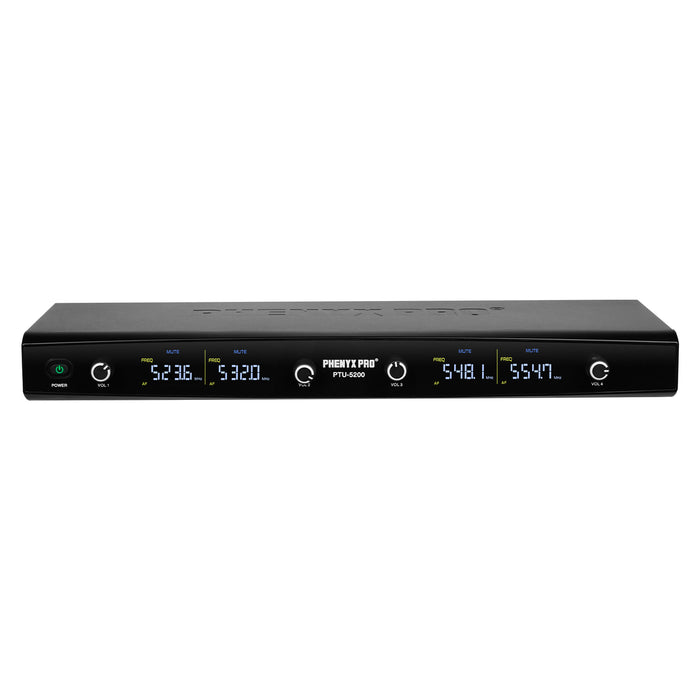 Phenyx Pro PTU-5200-4H Quad UHF Wireless Microphone System, 4 Cordless Mics, 4x25 UHF Adjustable Frequencies, 200ft Range, Dynamic Microphones for Singing, Karaoke, Church, DJ