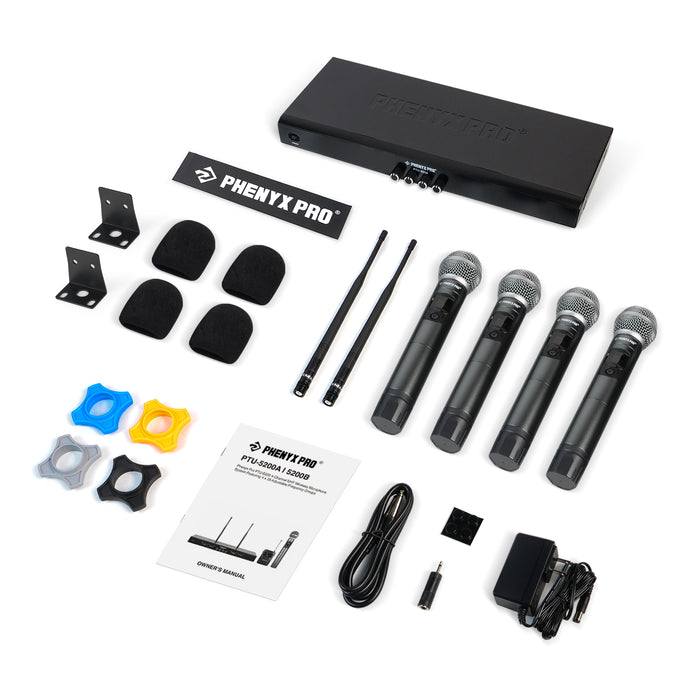 Phenyx Pro PTU-5200-4H Quad UHF Wireless Microphone System, 4 Cordless Mics, 4x25 UHF Adjustable Frequencies, 200ft Range, Dynamic Microphones for Singing, Karaoke, Church, DJ