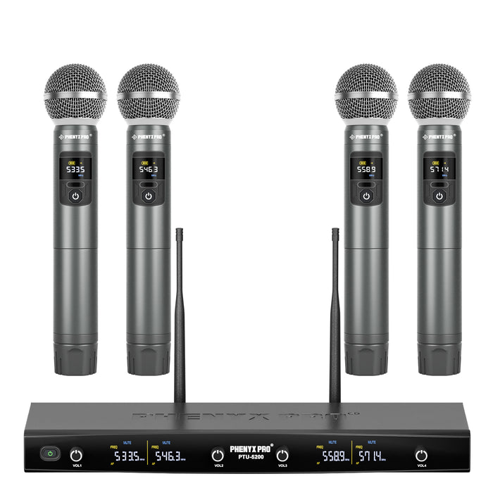 Phenyx Pro PTU-5200-4H Quad UHF Wireless Microphone System, 4 Cordless Mics, 4x25 UHF Adjustable Frequencies, 200ft Range, Dynamic Microphones for Singing, Karaoke, Church, DJ