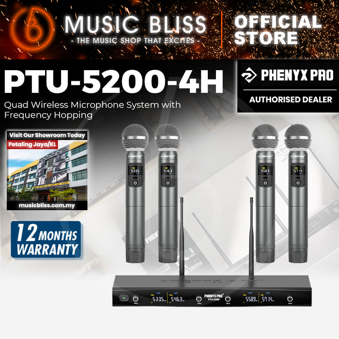 Phenyx Pro PTU-5200-4H Quad UHF Wireless Microphone System, 4 Cordless Mics, 4x25 UHF Adjustable Frequencies, 200ft Range, Dynamic Microphones for Singing, Karaoke, Church, DJ