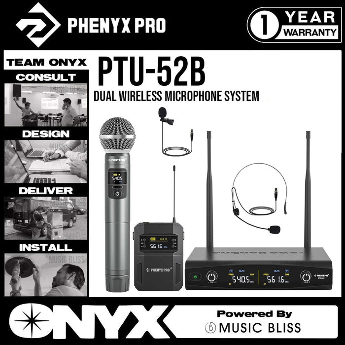 Phenyx Pro Best Budget Wireless PTU-52 Dual Wireless Microphone System with Frequency Hopping [2H/1H1B] - Music Bliss Malaysia