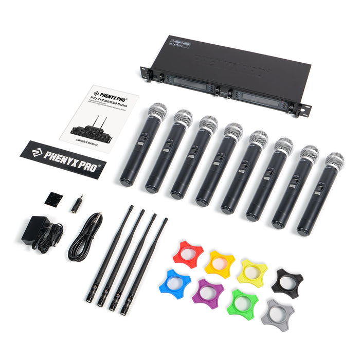 Phenyx Pro Best Budget Wireless PTU-6000-8H 8-channel UHF Wireless Microphone System, 8x Hanheld Dynamic Microphones, 328ft Range, Ideal for Singing,Church, Karaoke