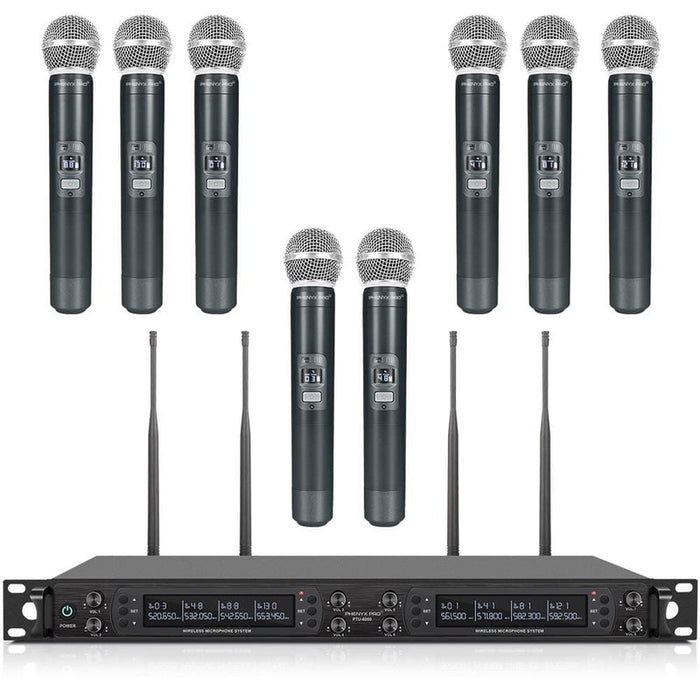 Phenyx Pro Best Budget Wireless PTU-6000-8H 8-channel UHF Wireless Microphone System, 8x Hanheld Dynamic Microphones, 328ft Range, Ideal for Singing,Church, Karaoke