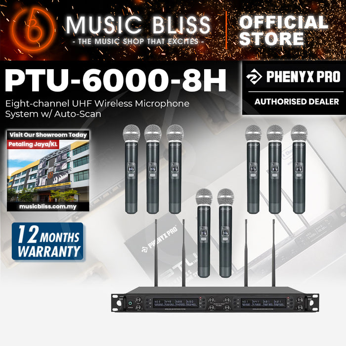 Phenyx Pro Best Budget Wireless PTU-6000-8H 8-channel UHF Wireless Microphone System, 8x Hanheld Dynamic Microphones, 328ft Range, Ideal for Singing,Church, Karaoke