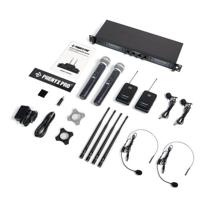 Phenyx Pro PTU-7000-2H2B Quad Wireless Microphone System w/ 4x40 UHF Channels, Auto Scan, 2 Handheld Dynamic Mics, 2 Bodypacks & Headsets/Lapel Microphones for Singing, DJ
