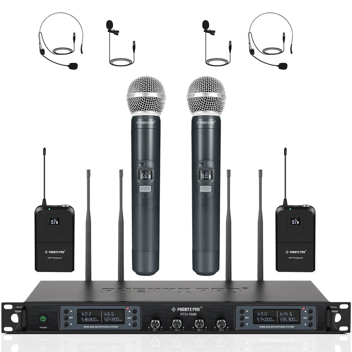 Phenyx Pro PTU-7000-2H2B Quad Wireless Microphone System w/ 4x40 UHF Channels, Auto Scan, 2 Handheld Dynamic Mics, 2 Bodypacks & Headsets/Lapel Microphones for Singing, DJ