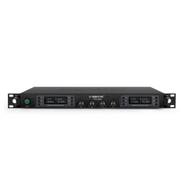 Phenyx Pro PTU-7000-2H2B Quad Wireless Microphone System w/ 4x40 UHF Channels, Auto Scan, 2 Handheld Dynamic Mics, 2 Bodypacks & Headsets/Lapel Microphones for Singing, DJ