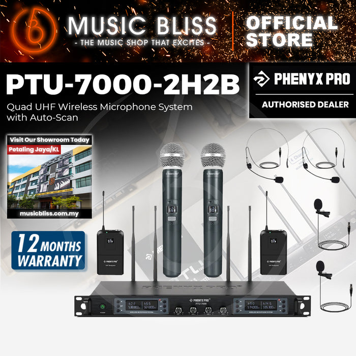 Phenyx Pro PTU-7000-2H2B Quad Wireless Microphone System w/ 4x40 UHF Channels, Auto Scan, 2 Handheld Dynamic Mics, 2 Bodypacks & Headsets/Lapel Microphones for Singing, DJ