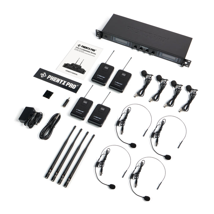 Phenyx Pro Best Budget Wireless PTU-7000-4B 4-channel UHF Wireless Microphone System, with with 4x Bodypacks, 4x Headset Mic, 4x Lapel Mics, 328ft Range, Ideal for Singing, DJ, Church