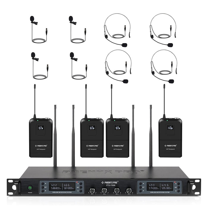 Phenyx Pro Best Budget Wireless PTU-7000-4B 4-channel UHF Wireless Microphone System, with with 4x Bodypacks, 4x Headset Mic, 4x Lapel Mics, 328ft Range, Ideal for Singing, DJ, Church