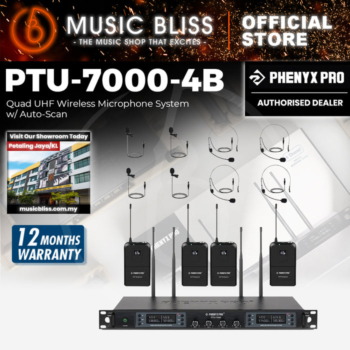Phenyx Pro Best Budget Wireless PTU-7000-4B 4-channel UHF Wireless Microphone System, with with 4x Bodypacks, 4x Headset Mic, 4x Lapel Mics, 328ft Range, Ideal for Singing, DJ, Church