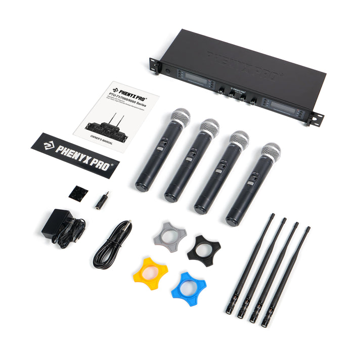 Phenyx Pro Best Budget Wireless PTU-7000-4H 4-channel UHF Wireless Microphone System, with 4x Handheld Dynamic Microphones, 328ft Range, Ideal for Singing, Karaoke, Church
