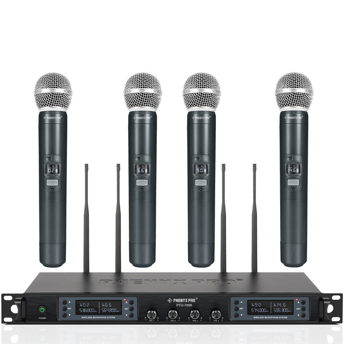 Phenyx Pro Best Budget Wireless PTU-7000-4H 4-channel UHF Wireless Microphone System, with 4x Handheld Dynamic Microphones, 328ft Range, Ideal for Singing, Karaoke, Church