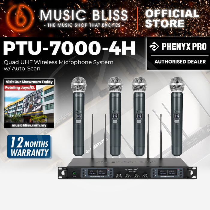 Phenyx Pro Best Budget Wireless PTU-7000-4H 4-channel UHF Wireless Microphone System, with 4x Handheld Dynamic Microphones, 328ft Range, Ideal for Singing, Karaoke, Church