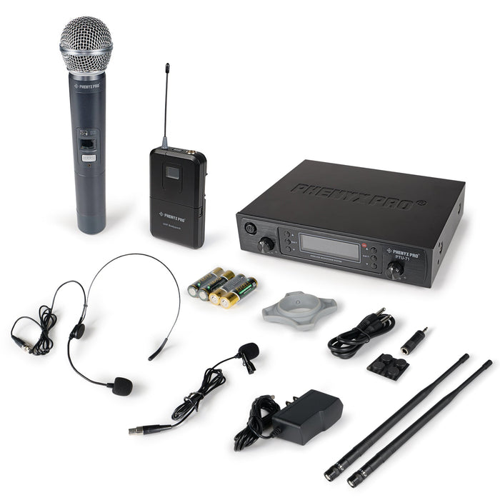 Phenyx Pro Best Budget Wireless PTU-71-1H1B Dual Wireless Microphone System, with 1x Handheld Microphone, 1x Bodypack 1x Headset Mic, 1x Lapel Mics, 328ft Range, Ideal for Singing, Karaoke, Church