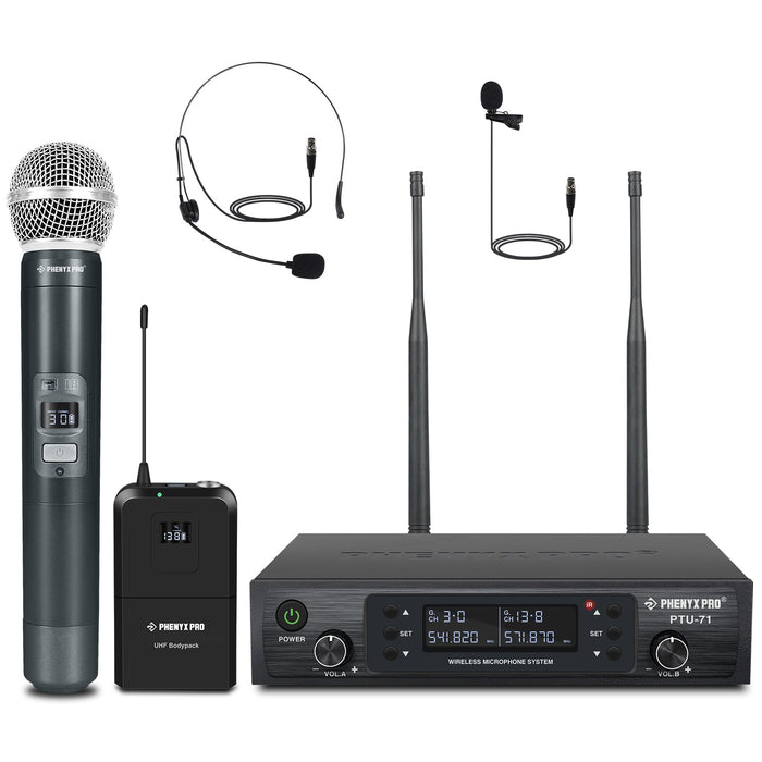 Phenyx Pro Best Budget Wireless PTU-71-1H1B Dual Wireless Microphone System, with 1x Handheld Microphone, 1x Bodypack 1x Headset Mic, 1x Lapel Mics, 328ft Range, Ideal for Singing, Karaoke, Church