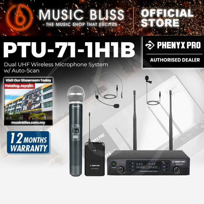 Phenyx Pro Best Budget Wireless PTU-71-1H1B Dual Wireless Microphone System, with 1x Handheld Microphone, 1x Bodypack 1x Headset Mic, 1x Lapel Mics, 328ft Range, Ideal for Singing, Karaoke, Church