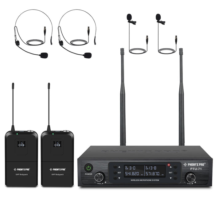 Phenyx Pro PTU-71-2B Dual UHF Wireless Microphone System with 2 Bodypacks