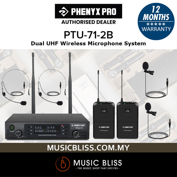 Phenyx Pro PTU-71-2B Dual UHF Wireless Microphone System with 2 Bodypacks