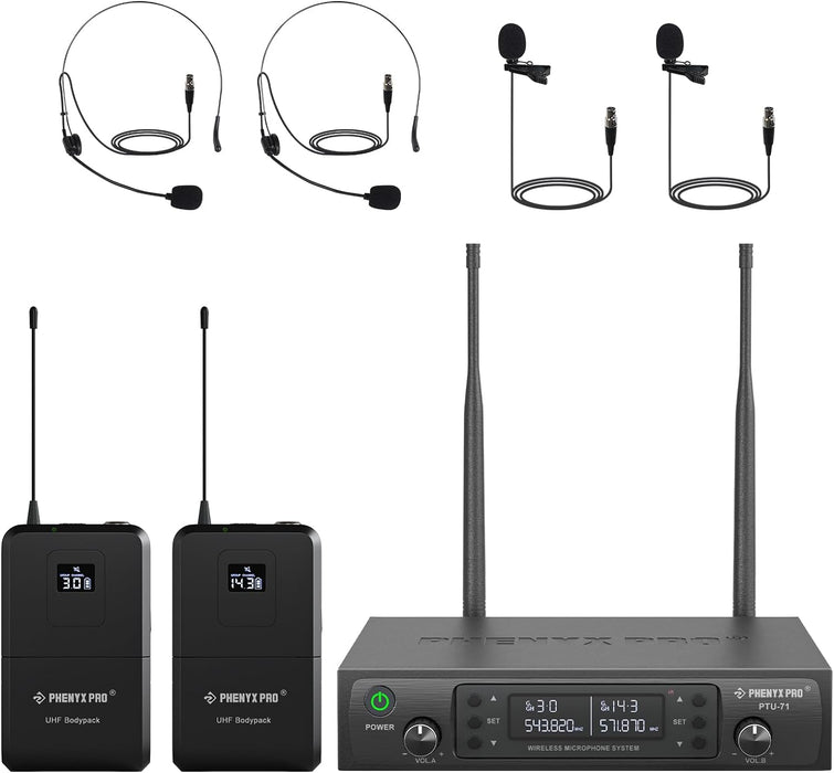 Phenyx Pro PTU-71-2B Dual UHF Wireless Microphone System with 2 Bodypacks