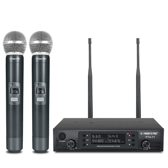Phenyx Pro Best Budget Wireless PTU-71-2H Dual Handheld UHF Wireless Microphone System, Ideal for Public Speaking, Church, Karaoke