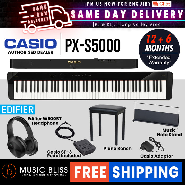Casio Privia PX-S5000 Digital Piano with FREE Edifier W600BT Headphone and Piano Bench - Black - Music Bliss Malaysia