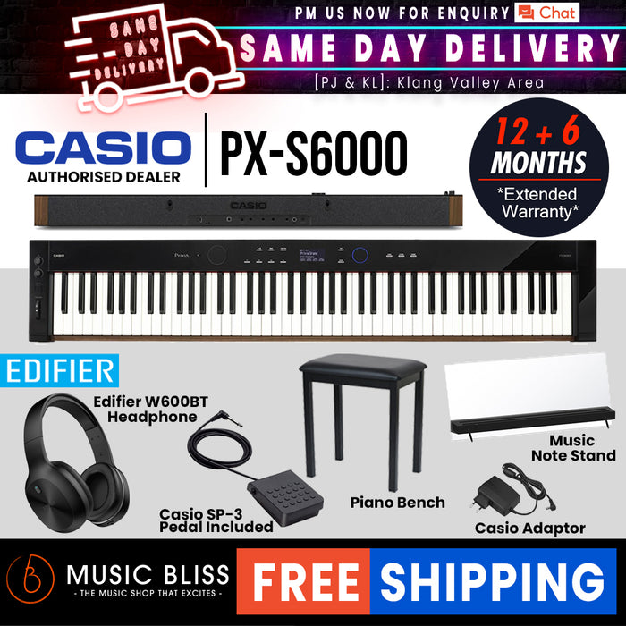Casio Privia PX-S6000 Digital Piano with FREE Edifier W600BT Headphone and Piano Bench - Black - Music Bliss Malaysia