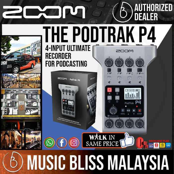 Zoom PodTrak P4 4-input Ultimate Recorder for Podcasting with 0% Instalment - Music Bliss Malaysia