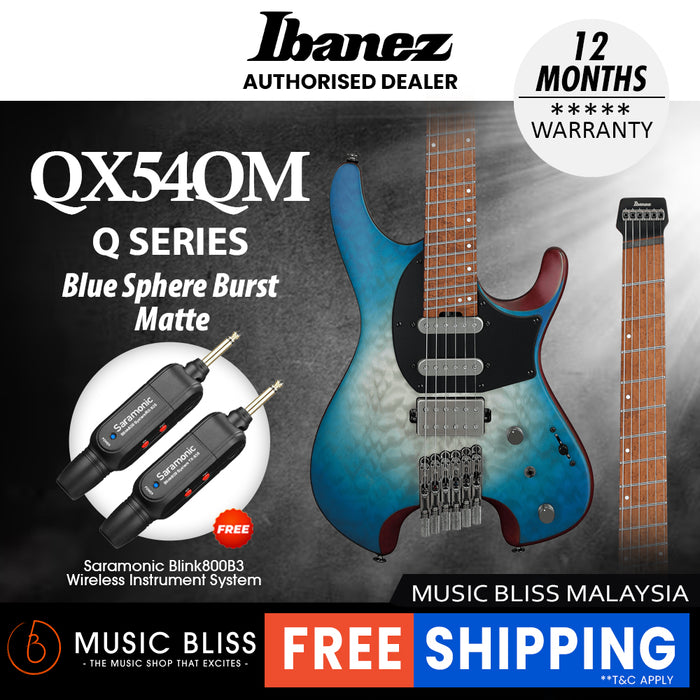 Ibanez QX54QM Q Series Headless Electric Guitar - Blue Sphere Burst Flat