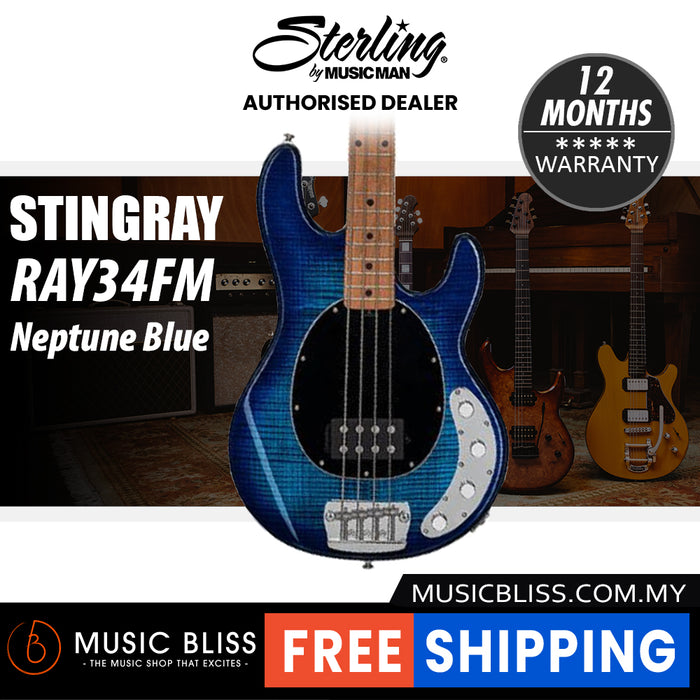 Sterling By Music Man StingRay RAY34FM Electric Bass Guitar - Neptune Blue