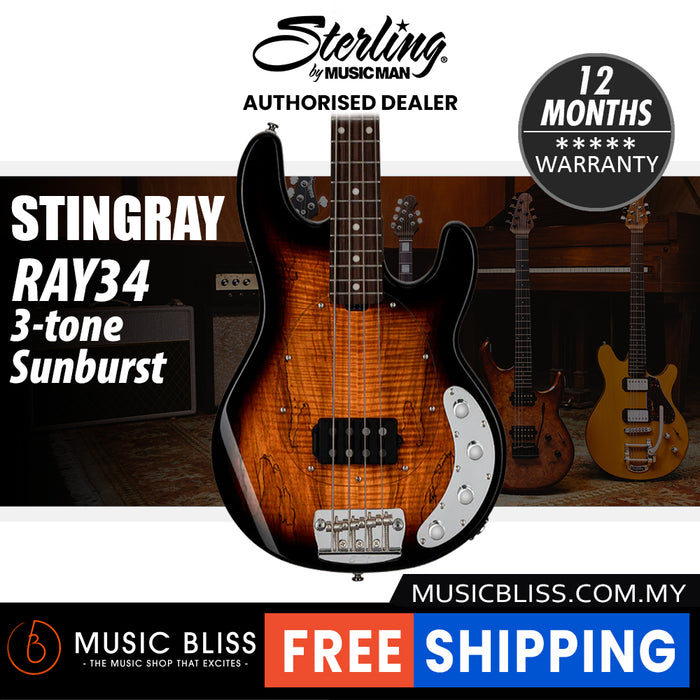 Sterling By Music Man StingRay RAY34 Bass Guitar - 3-tone Sunburst