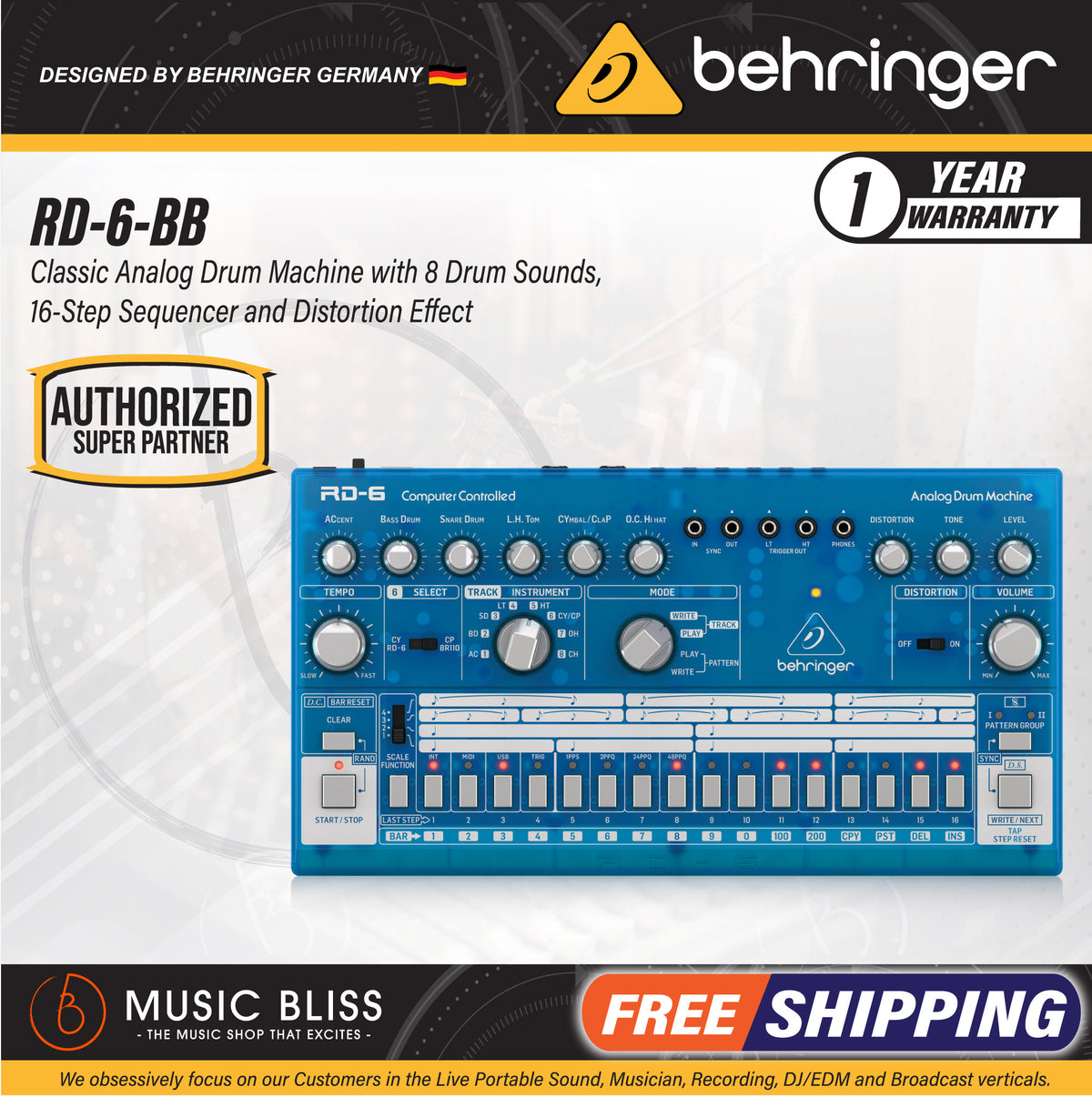 Behringer RD-6-BB Analog Drum Machine - Blue Translucent (RD-6 / RD6 ...