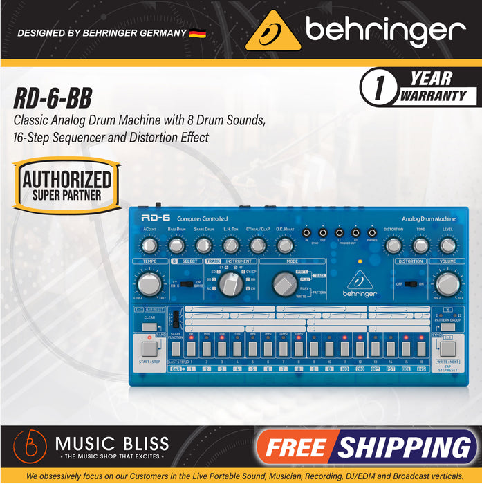 Behringer RD-6-BB Analog Drum Machine - Blue Translucent | Music