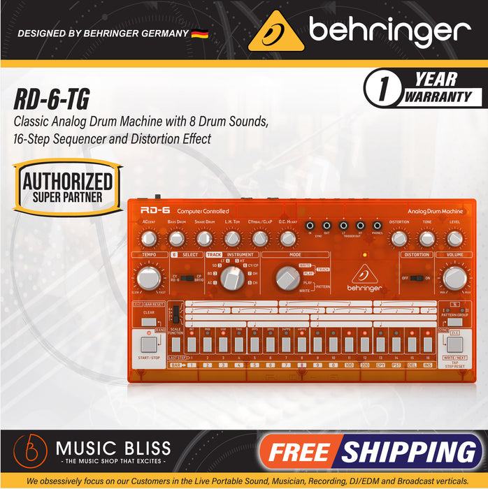 Behringer RD-6-TG Analog Drum Machine - Orange Translucent - Music Bliss Malaysia