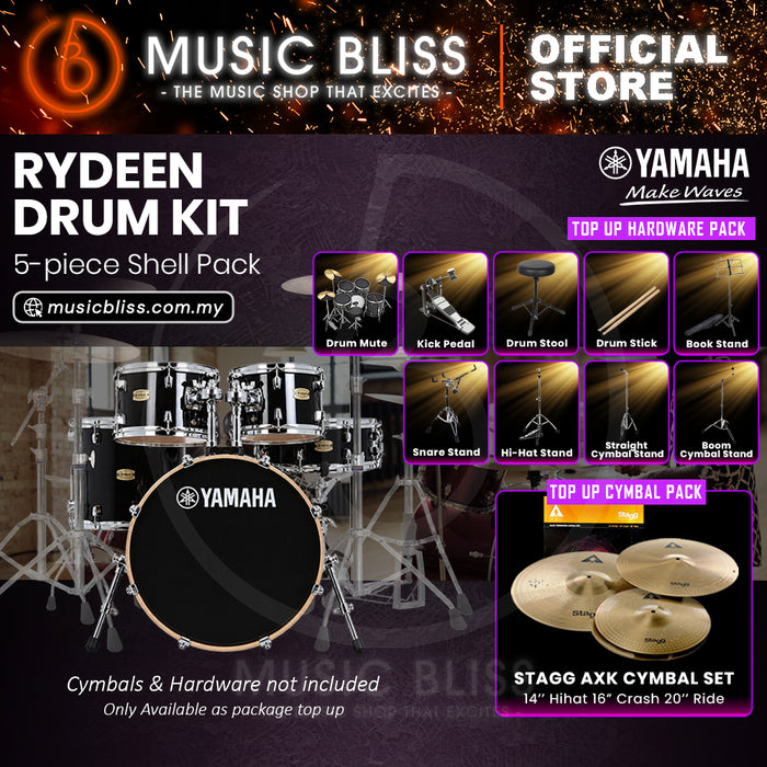 Yamaha Rydeen 5-Piece Acoustic Drum Kit – 20" Bass Drum – Shell Pack Only or Complete Package with Hardware & Cymbals - Black Glitter