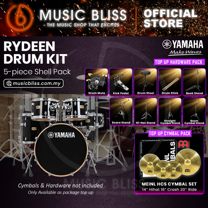 Yamaha Rydeen 5-Piece Acoustic Drum Kit – 20" Bass Drum – Shell Pack Only or Complete Package with Hardware & Cymbals - Black Glitter